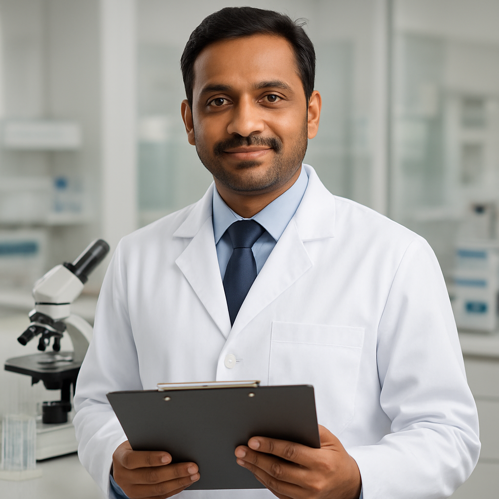 Pathologist-in-charge at X Diagnostics in the laboratory
